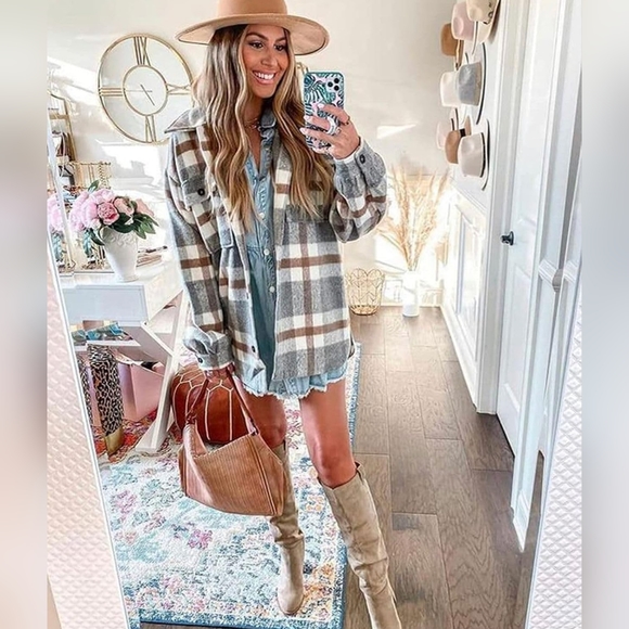 NWT!! Women's Khaki Grey Flannel Shacket Long Sleeve Button Pocket Shirt Jacket - Picture 2 of 6